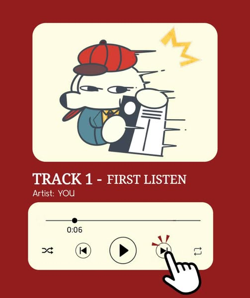Track 1 First Listen: nhân vật cầm CV trên giao diện trình phát nhạc màu đỏ và kem.