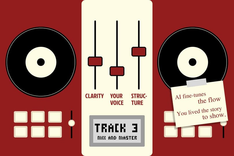 Track 3 Mix and Master: bàn mixer với hai đĩa vinyl và thanh điều chỉnh Clarity, Your Voice, Structure.